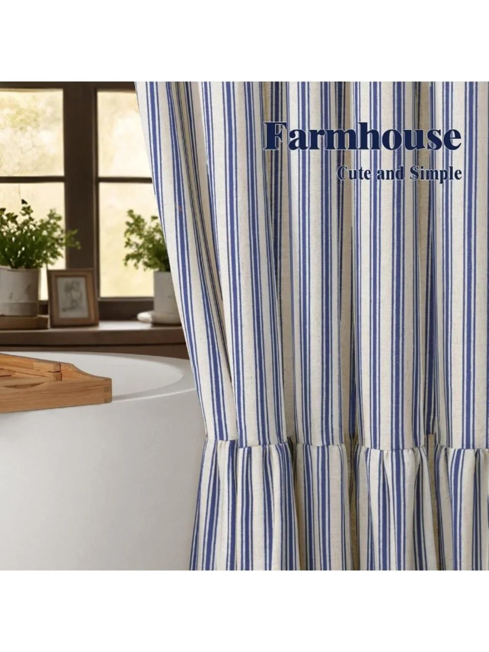 Chic Farmhouse Ruffle Shower Curtain, Cream-Blue Stripe, 72